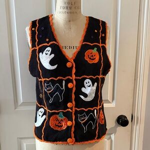 Basic Editions vintage Halloween themed knitted vest ghost pumpkin cat Medium